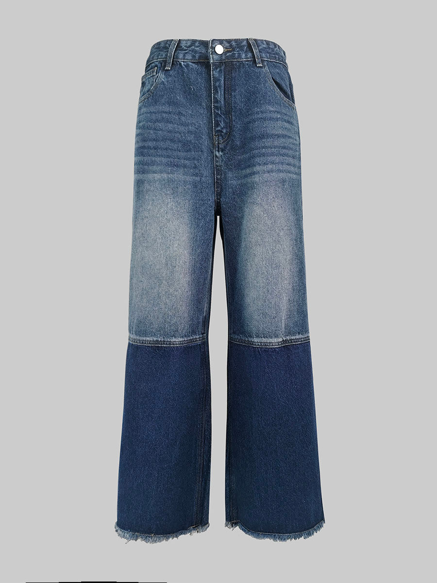 High Waisted Wide Leg Contrast Color Fringed Split-Joint Jean Pants Bottoms