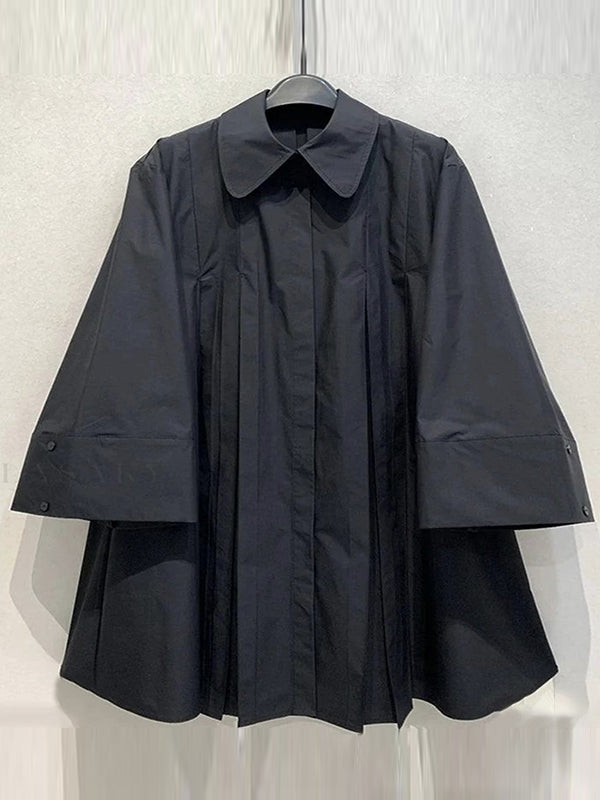 Long Sleeves Buttoned Pleated Solid Color Lapel Midi Dresses Shirt Dress