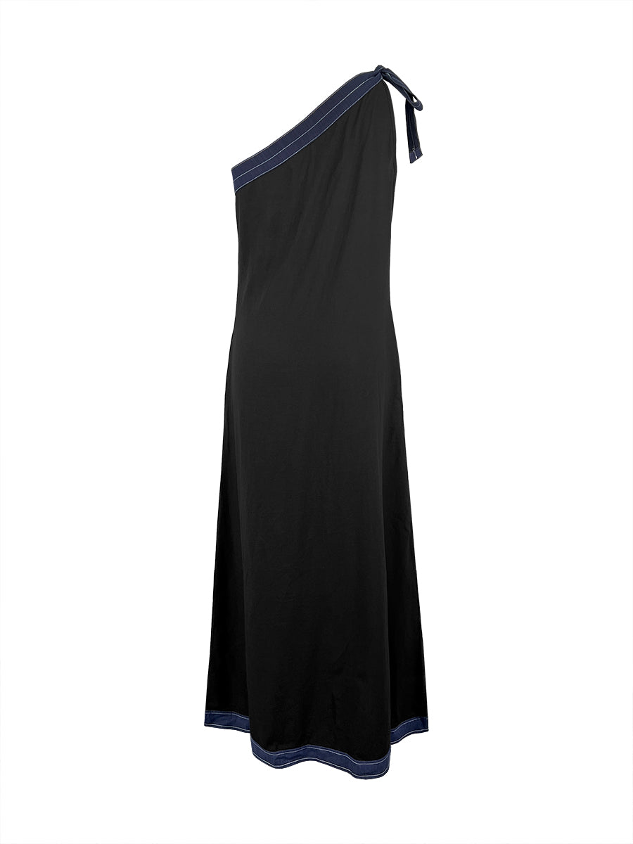 A-Line Sleeveless Asymmetric Contrast Color One-Shoulder Maxi Dresses