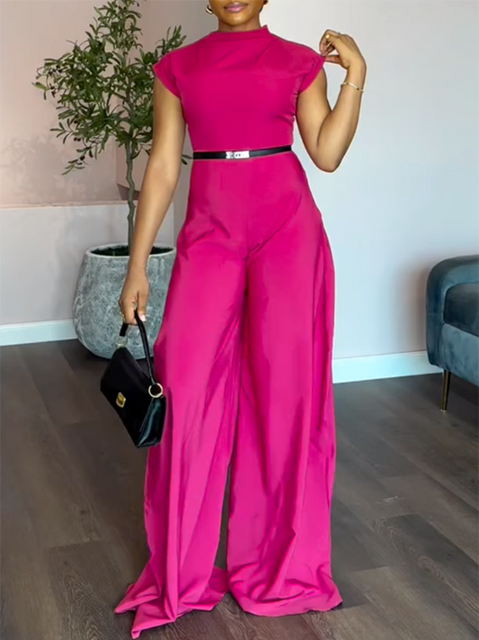 Cap Sleeve Wide Leg No Belt Solid Color Stand Collar Jumpsuits