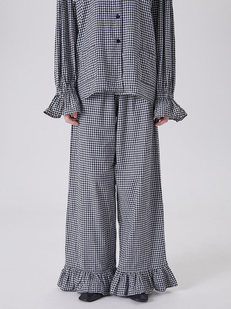 Loose  Contrast Color Plaid Ruffled Split-Joint  Long Sleeves Buttoned Lapel Blouses&Shirts Tops + Pants Two Pieces Set