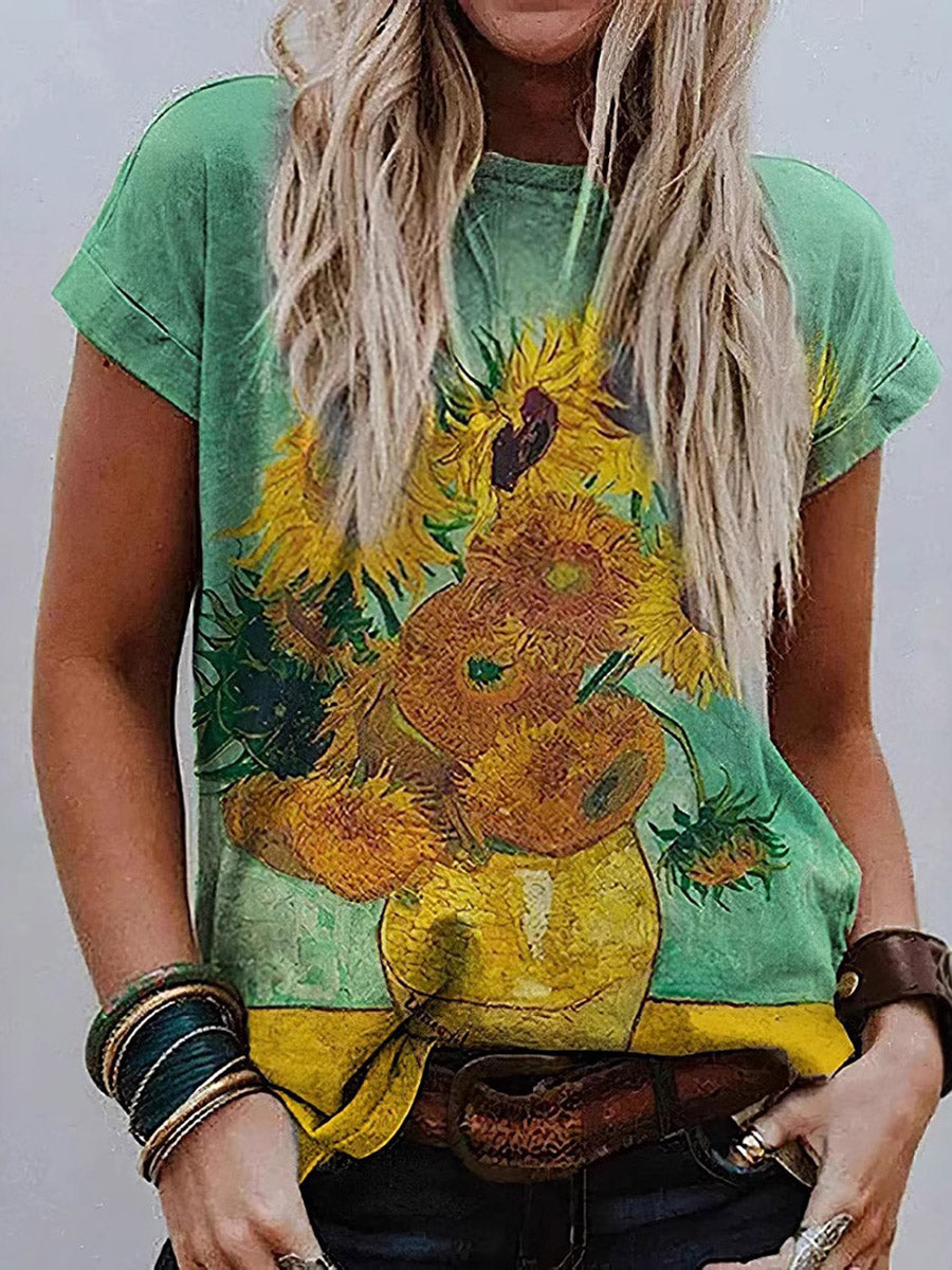 Loose Short Sleeves Contrast Color Printed Split-Joint Round-Neck T-Shirts Tops