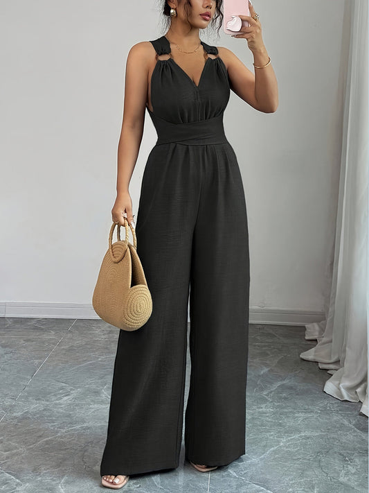 High Waisted Sleeveless Backless Solid Color Tied Spaghetti-Neck Jumpsuits