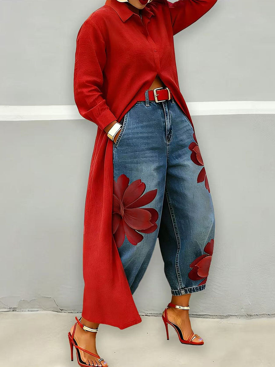 Loose Wide Leg Flower Print No Belt Pockets Jean Pants Bottoms Ninth Pants