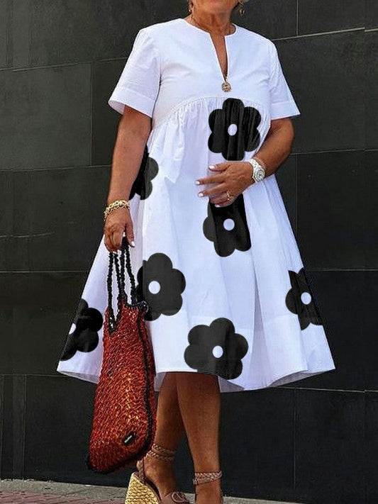 Loose Short Sleeves Flower Print V-Neck Midi Dresses