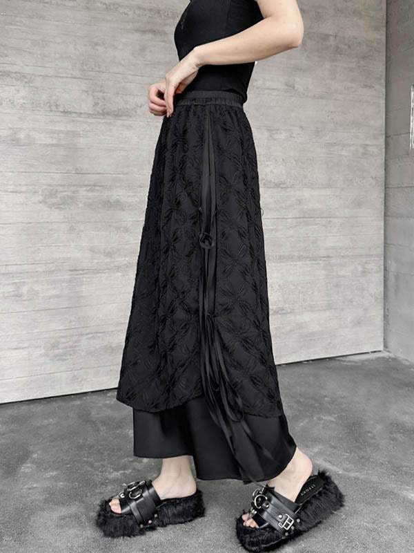 Solid Color Split-Joint Asymmetric Drawstring Flower Print   False Two Lapel Buttoned Pockets Blouses&Shirts Tops + Elasticated Waist Double Layered Skirts Bottoms Two Pieces Set