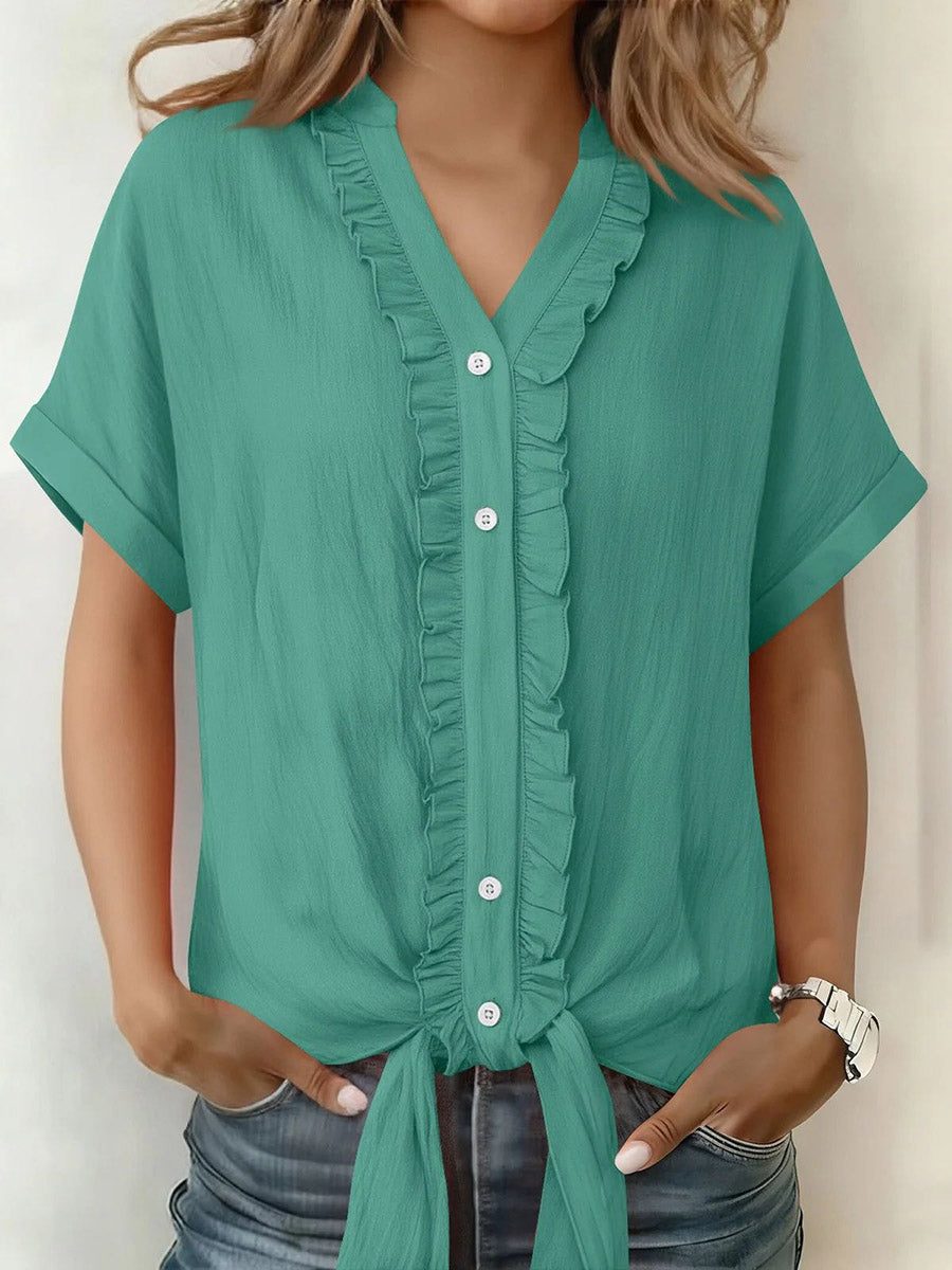 Loose Short Sleeves Buttoned Knot Ruffle Trim Solid Color V-Neck Blouses&Shirts Tops