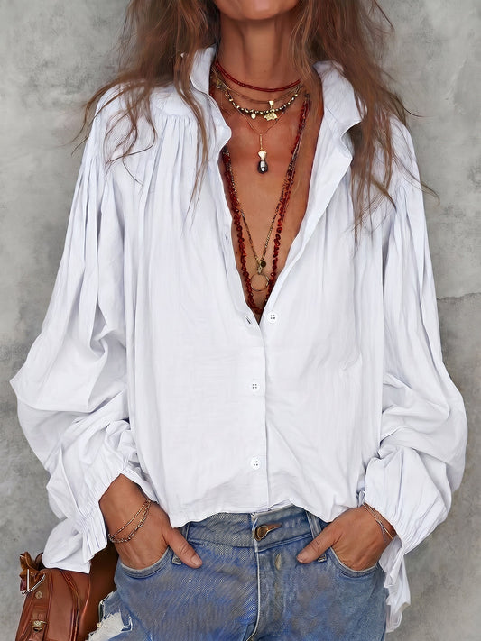 Long Sleeves Loose Buttoned Pleated Solid Color Lapel Blouses&Shirts Tops