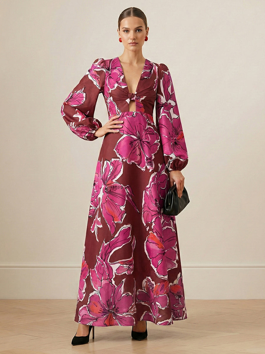 Elasticated Waist Long Sleeves Contrast Color Flower Print Hollow Split-Joint Twist Deep V-Neck Maxi Dresses