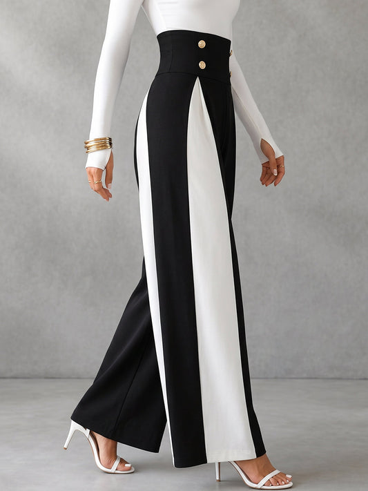 High Waisted Wide Leg Buttoned Contrast Color Split-Joint Pants Trousers