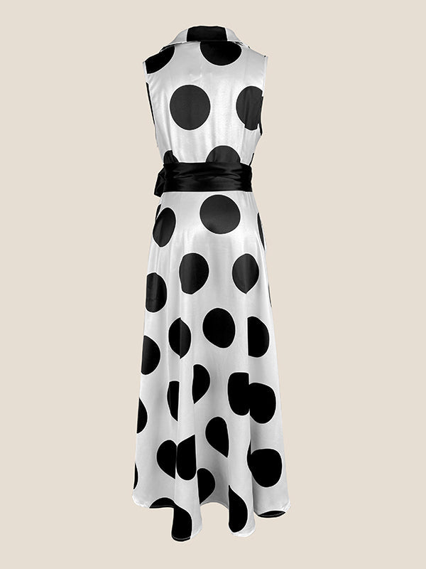 A-Line Sleeveless Polka-Dot Split-Joint Tied Waist Lapel Maxi Dresses Shirt Dress