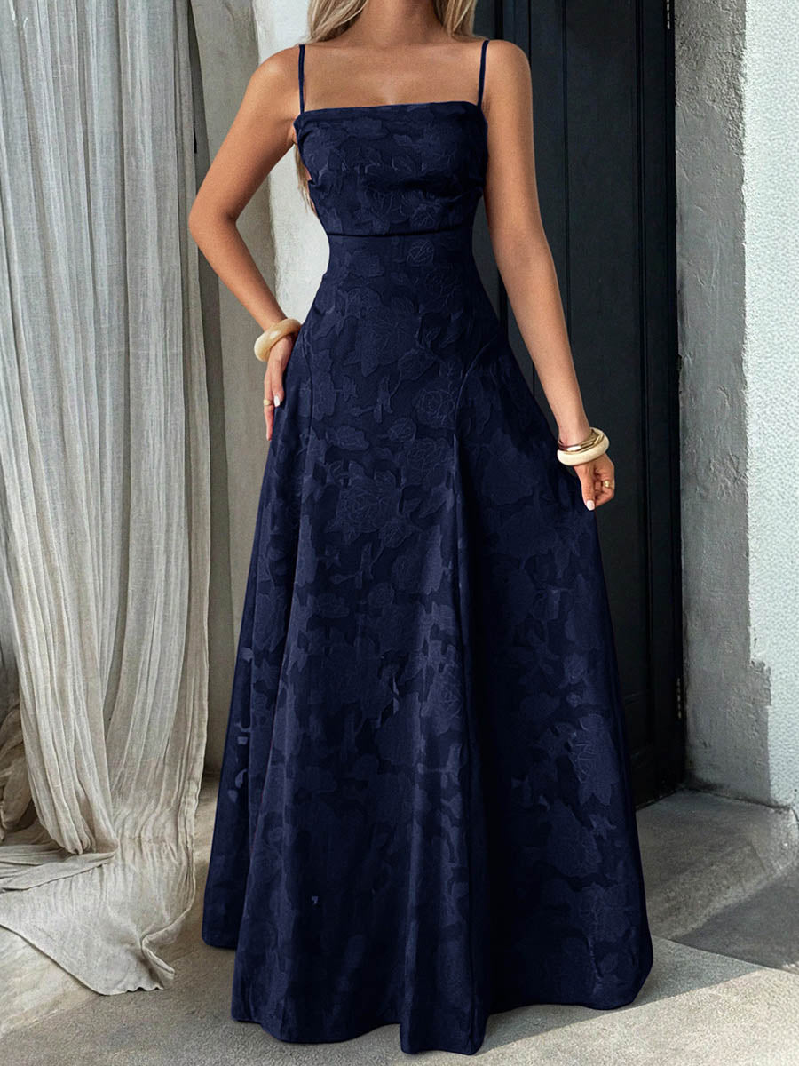 A-Line High Waisted Jacquard Pleated Solid Color Spaghetti-Neck Maxi Dresses