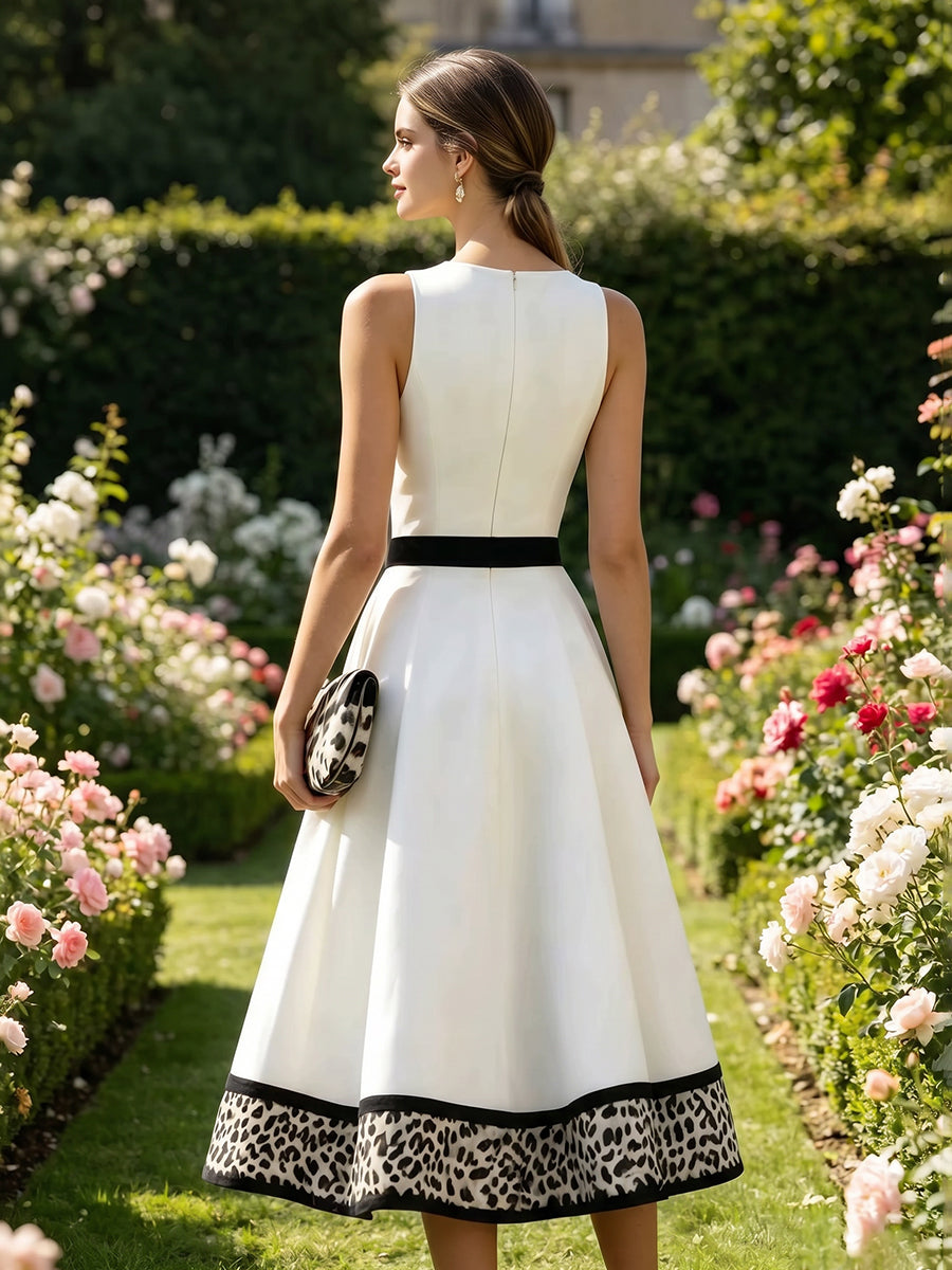 A-Line High Waisted Contrast Color Leopard Pleated Pockets Split-Joint Zipper Round-Neck Midi Dresses