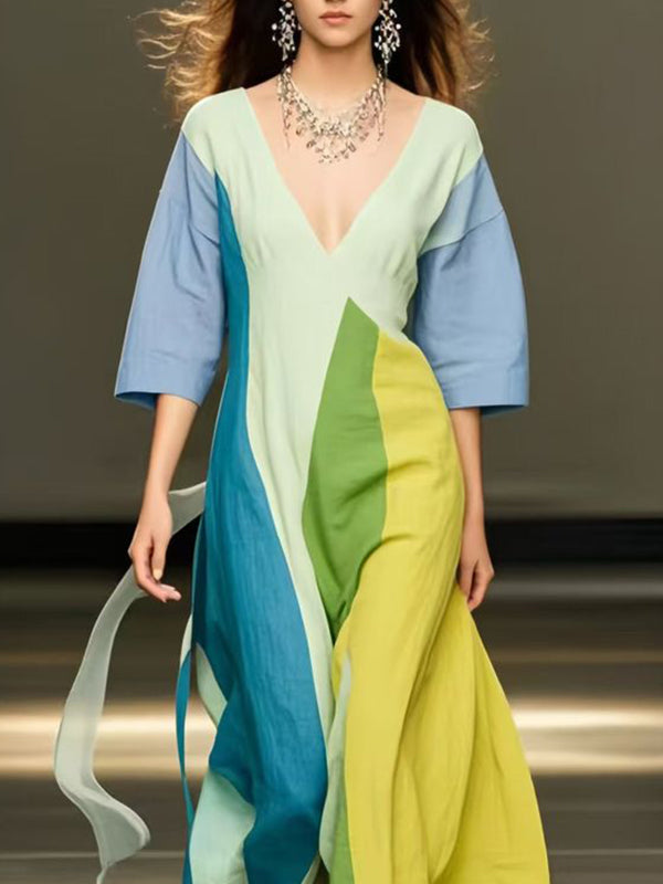 Loose Three-Quarter Sleeves Colorful Contrast Color V-Neck Maxi Dresses