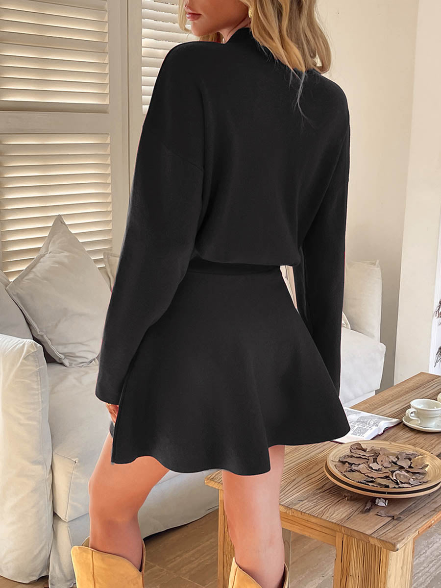A-line High Waisted Elasticity Solid Color Round-neck Mini Dresses Sweater Dresses