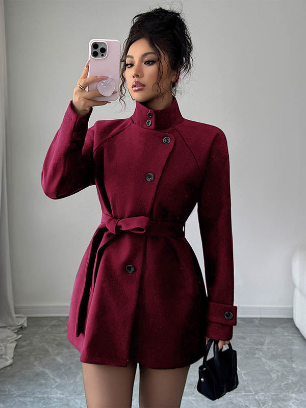 Elasticated Waist High Waisted Asymmetric Buttoned Solid Color Tied Waist Stand Collar Outerwear