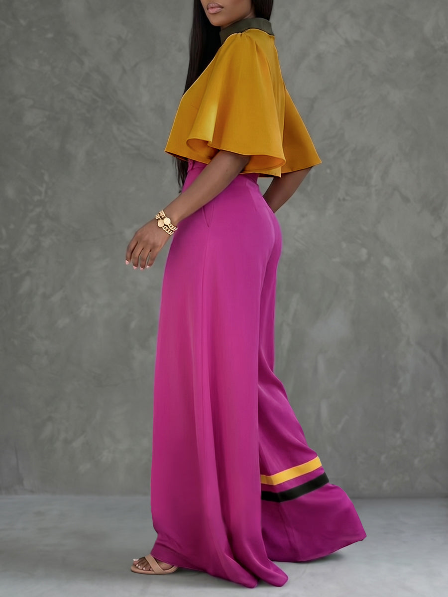 High Waisted Wide Leg Buttoned Contrast Color Pockets Pants Trousers