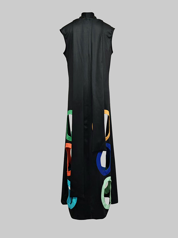 Loose Sleeveless Colorful Hollow Shawl Collar Maxi Dresses