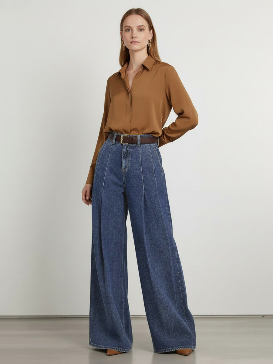 Elasticated Waist High Waisted Belted Pleated Pockets Solid Color Split-Joint Pants
