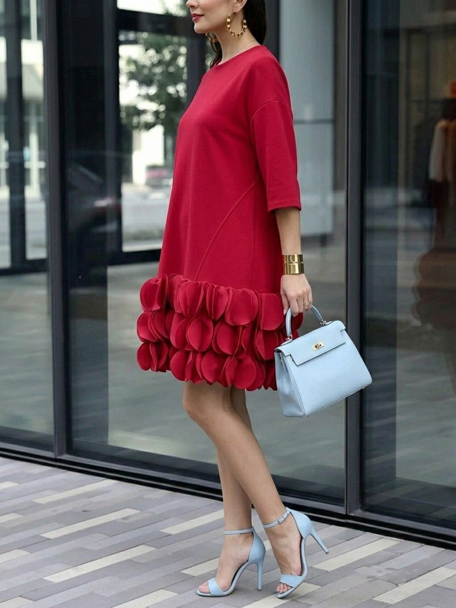 A-Line Loose Solid Color Split-Joint Three-Dimensional Flower Round-Neck Mini Dresses