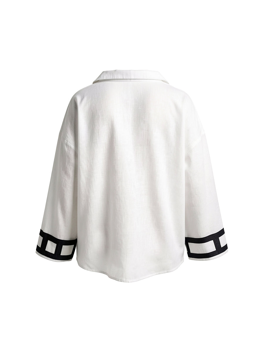 Loose Three-Quarter Sleeves Flower Print Split-Joint V-Neck Blouses&Shirts Tops