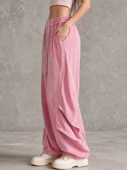 High Waisted Wide Leg Drawstring Elasticity Pockets Solid Color Split-Joint Pants Trousers