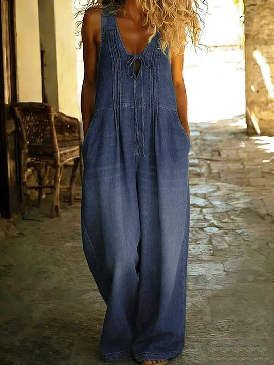 Loose Sleeveless Hollow Pleated Pockets Solid Color Split-Joint Tied Deep V-Neck Jumpsuits