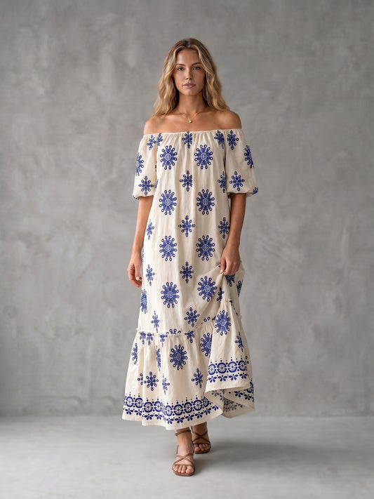 A-Line Half Sleeves Elasticity Pleated Printed Ruffle Trim Split-Joint Off-The-Shoulder Maxi Dresses