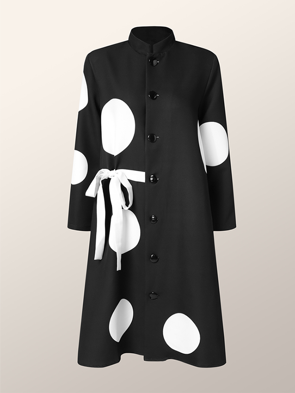Long Sleeves Loose Asymmetric Buttoned Polka-Dot Tied Mock Neck Jackets&Coats Midi Dresses Outerwear