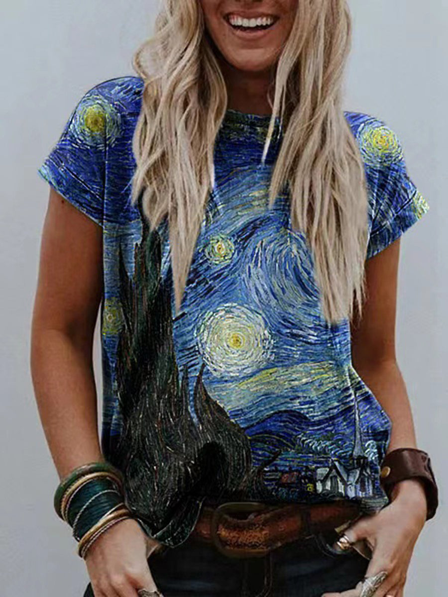 Loose Plus Size Contrast Color Printed Split-Joint Round-Neck T-Shirts Tops