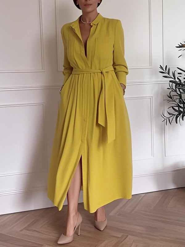A-Line Long Sleeves Buttoned Pleated Pockets Solid Color Tied Waist V-Neck Maxi Dresses