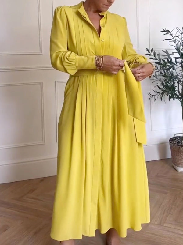 A-Line Long Sleeves Buttoned Pleated Pockets Solid Color Tied Waist V-Neck Maxi Dresses
