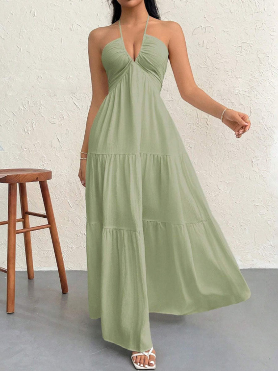A-Line Loose Backless Pleated Solid Color Split-Joint Halter-Neck Midi Dresses