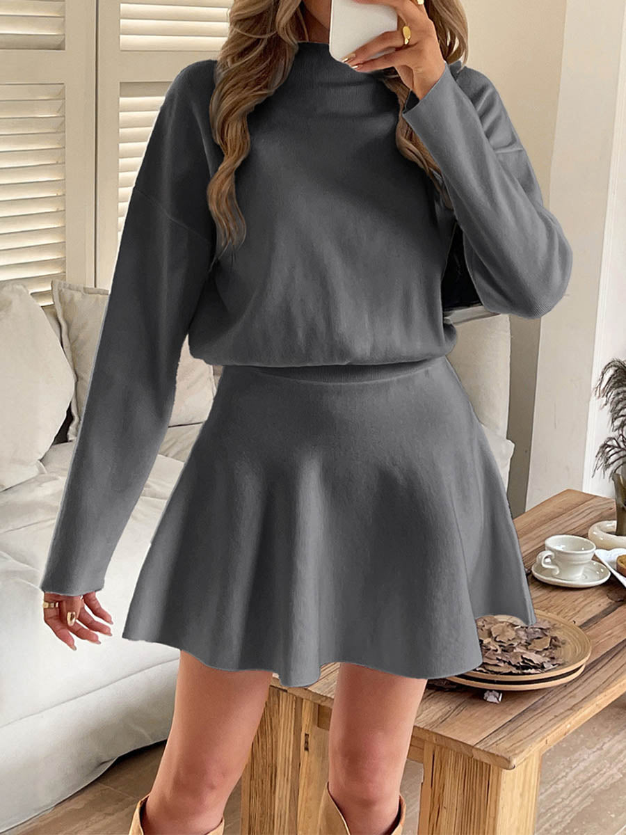 A-line High Waisted Elasticity Solid Color Round-neck Mini Dresses Sweater Dresses
