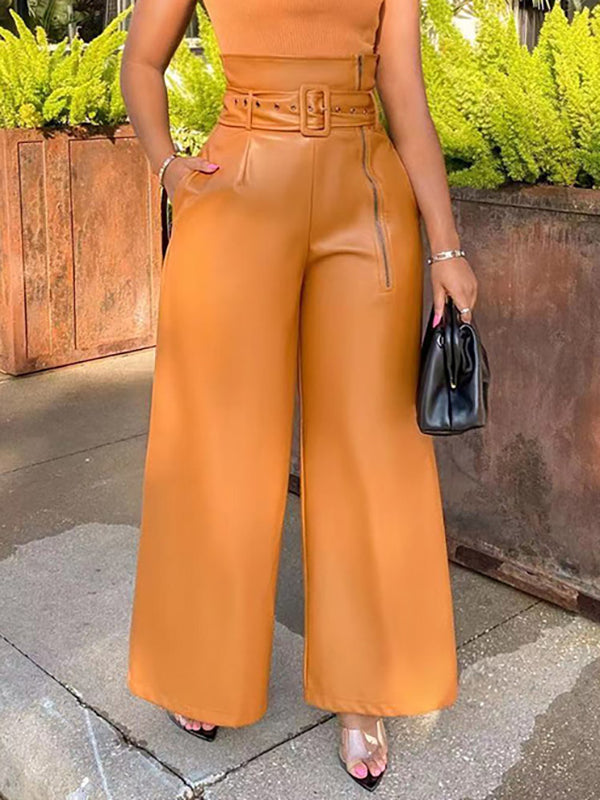 High Waisted Wide Leg Belted Solid Color Zipper Pants Trousers