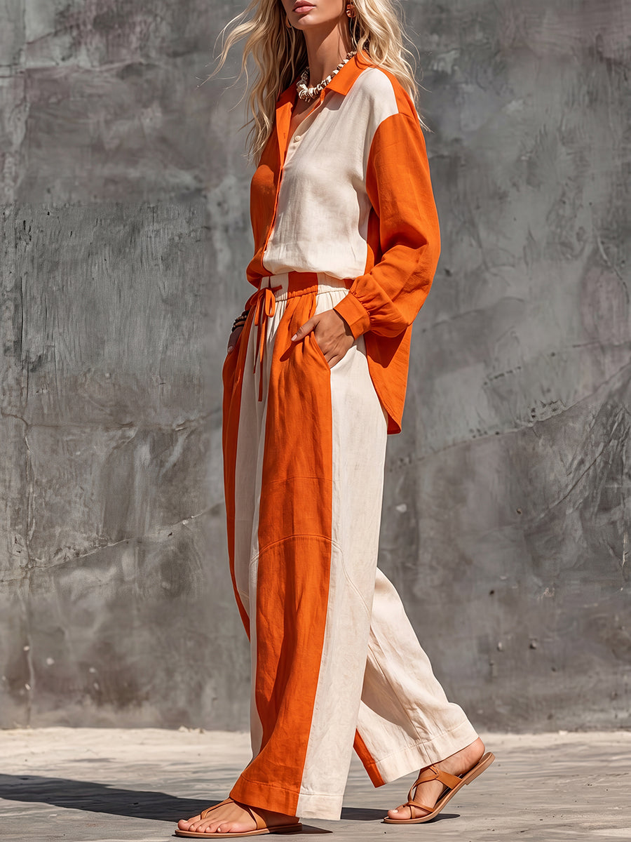 High Waisted Wide Leg Contrast Color Drawstring Elasticity Pockets Pants Trousers