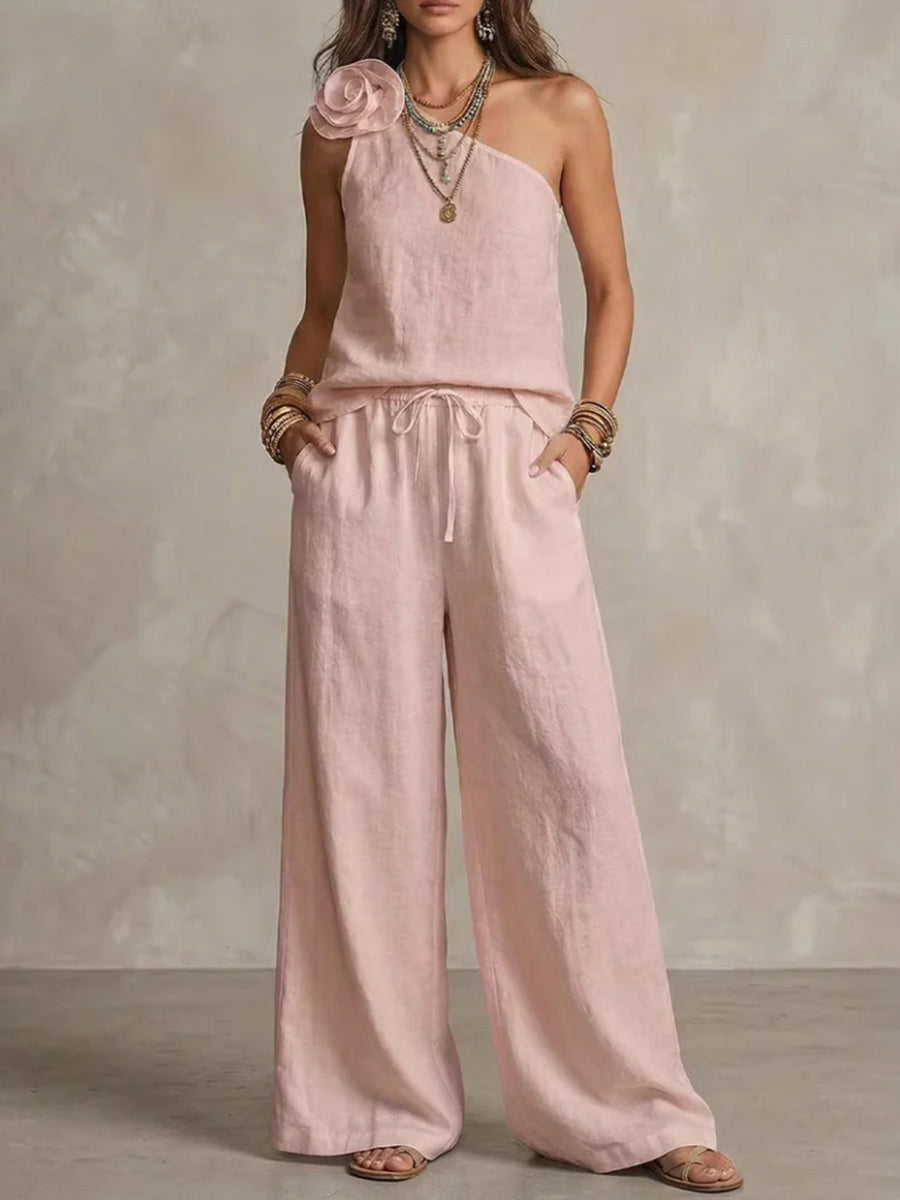 Loose Wide Leg Elasticity Pockets Solid Color Tied Pants Trousers