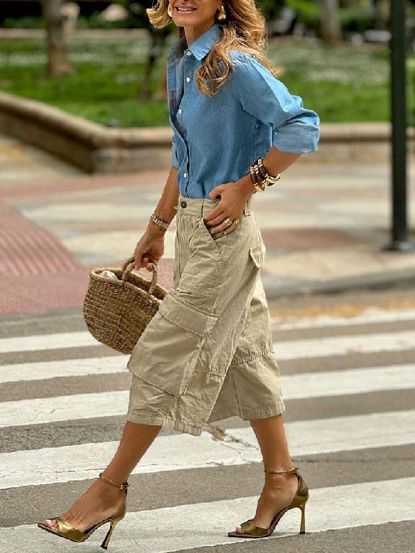 Loose Wide Leg Buttoned Pockets Solid Color Split-Joint Capri-Pants Cropped Trousers