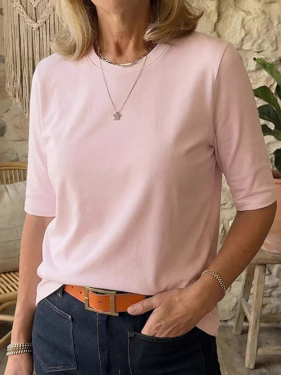 Half Sleeves Loose Solid Color Round-Neck T-Shirts Tops