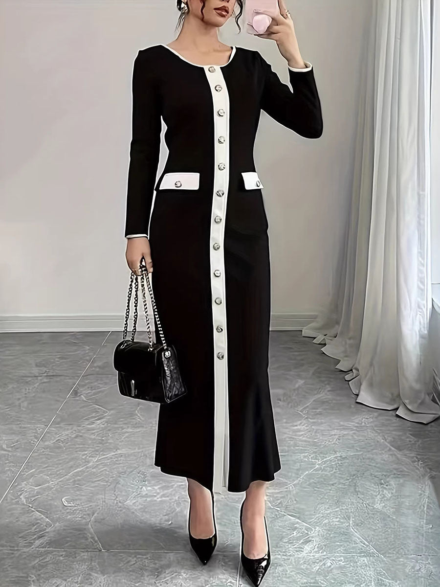 Bodycon Long Sleeves Buttoned Split-Joint Round-Neck Maxi Dresses