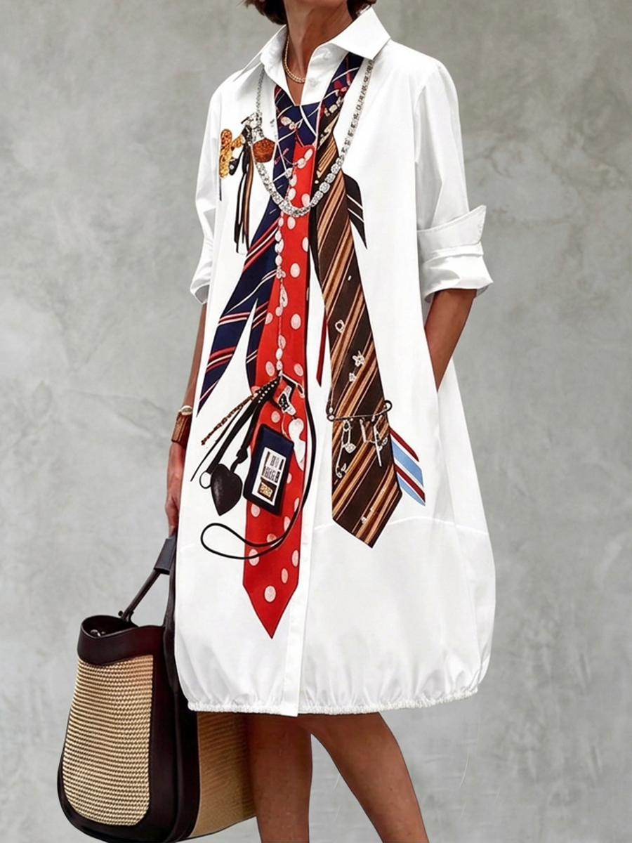 Long Sleeves Loose Buttoned Pockets Printed Lapel Midi Dresses