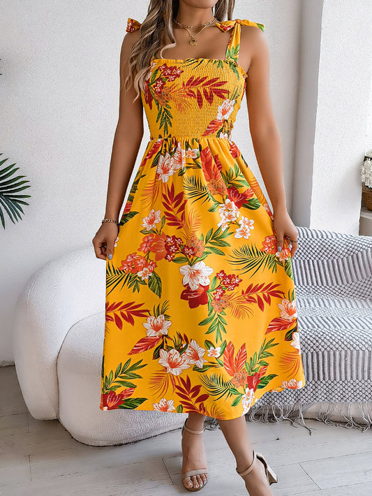 A-Line Loose Contrast Color Elasticity Flower Print Tied Spaghetti-Neck Midi Dresses