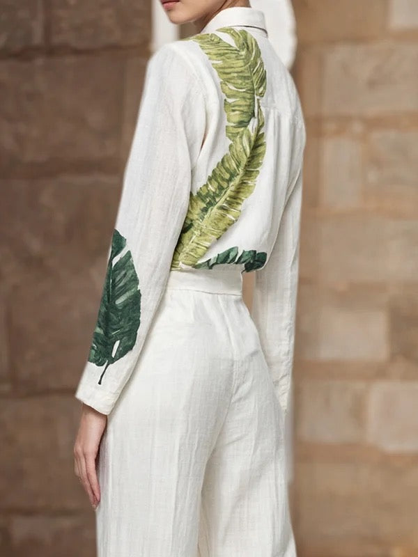 Long Sleeves Buttoned Leaves Print Lapel Blouses&Shirts Tops