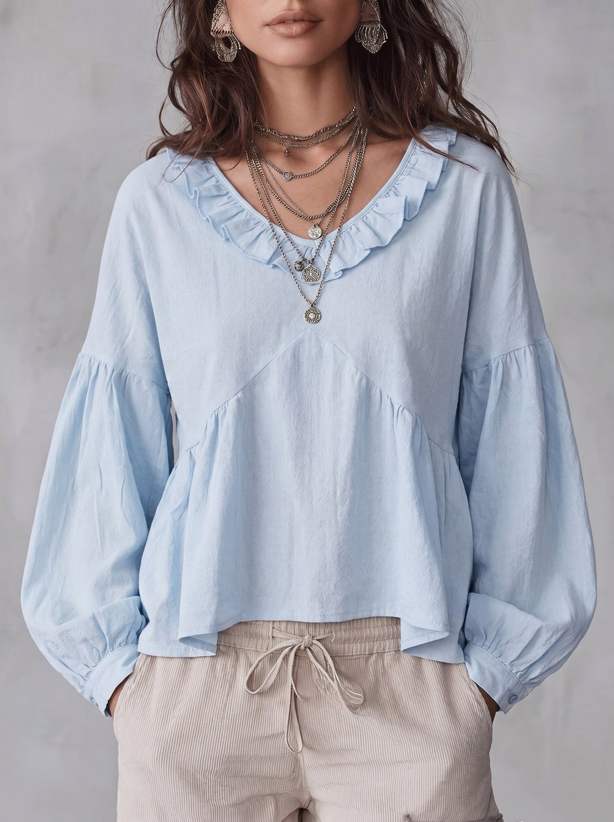 Long Sleeves Loose Pleated Ruffle Trim Solid Color Split-Joint Deep V-Neck Blouses&Shirts Tops