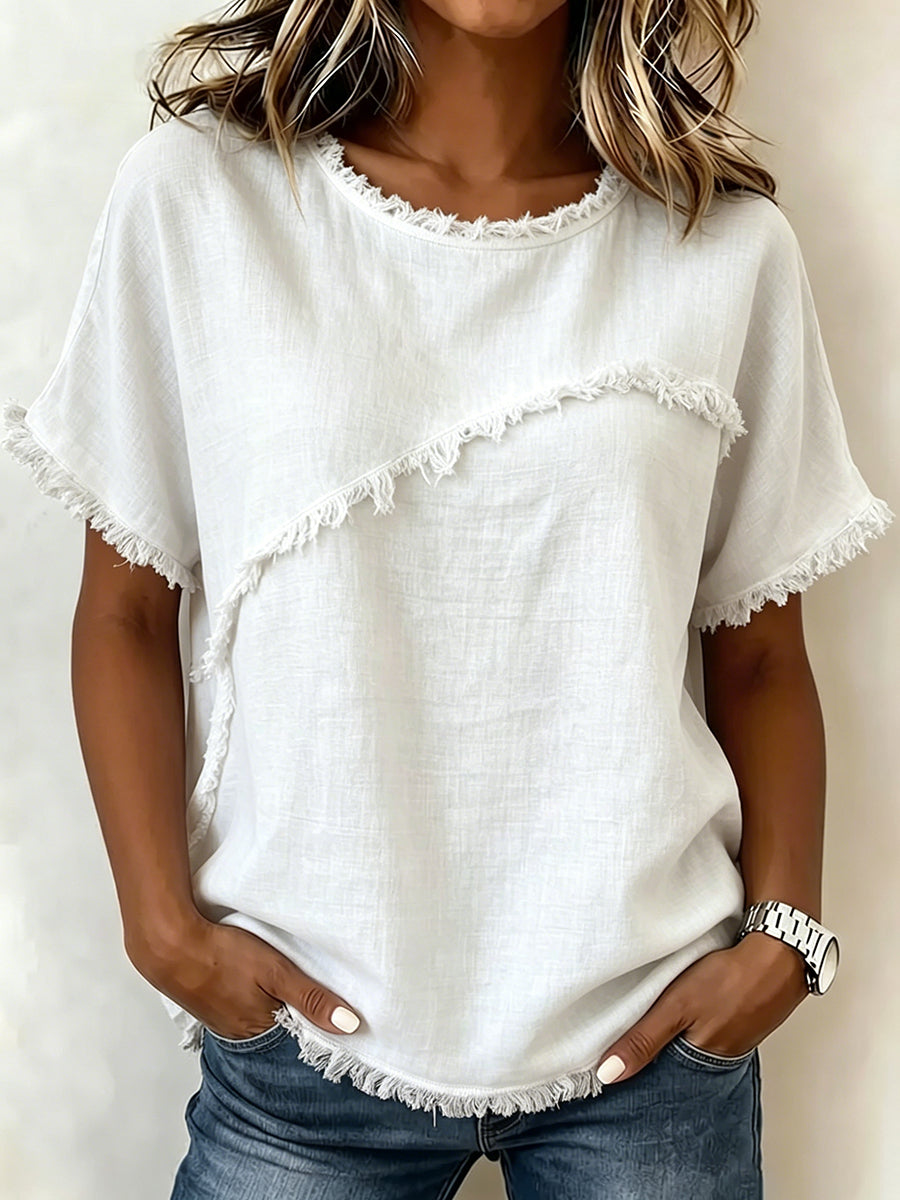Loose Short Sleeves Fringed Solid Color Split-Joint Round-Neck T-Shirts Tops