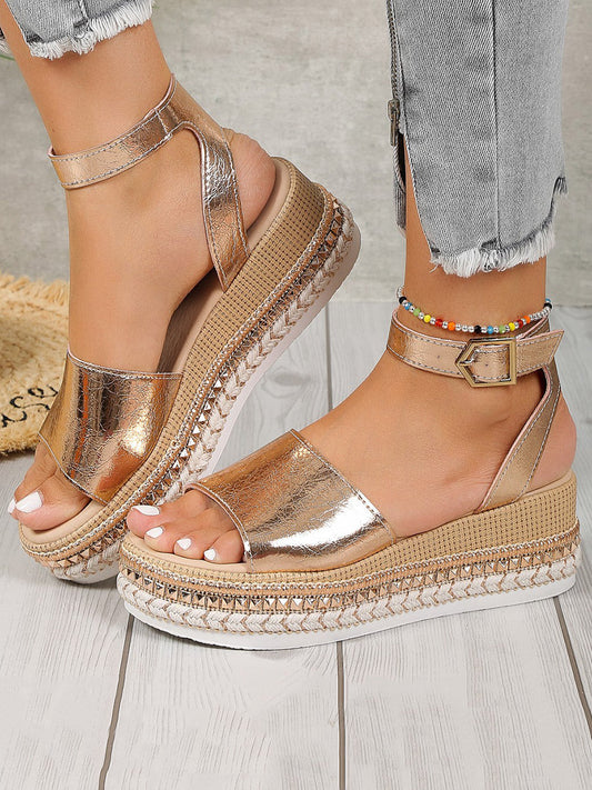Women's Metallic Open Toe Ankle Strap Espadrille Platform Wedge Sandals