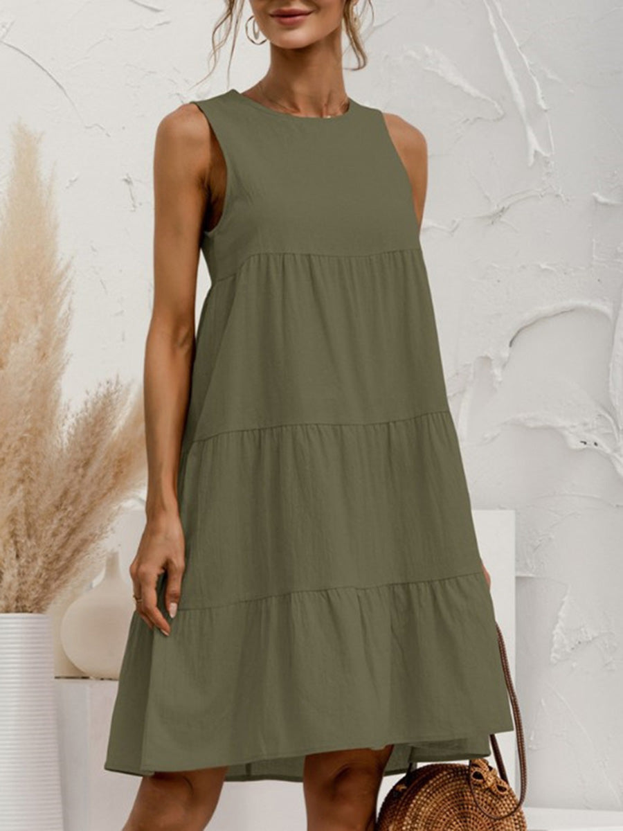 A-Line Loose Pleated Solid Color Split-Joint Round-Neck Mini Dresses