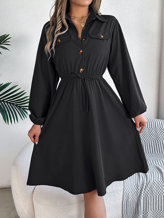 A-line Long Sleeves Buttoned Pleated Solid Color Tied Lapel Midi Dresses Shirt Dress