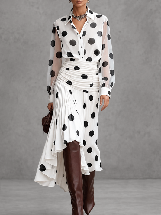 Long Sleeves Loose Buttoned Polka-Dot Printed Lapel Blouses&Shirts Tops