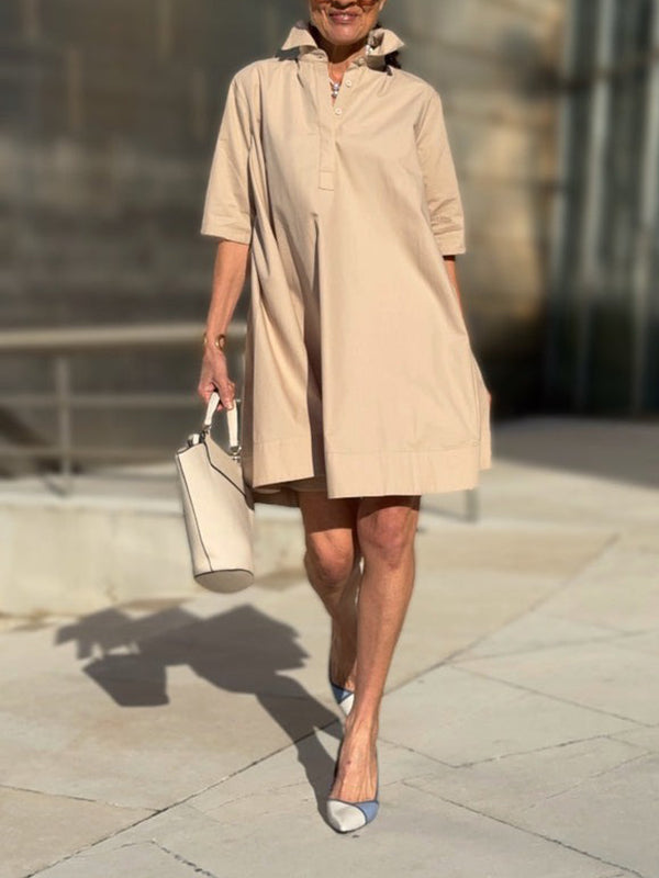 A-Line Short Sleeves Solid Color Split-Joint Lapel Mini Dresses Shirt Dress